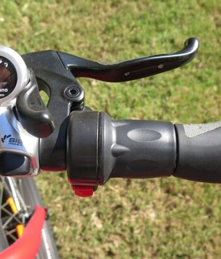 ssr sand viper ebike review first ride, The throttle makes this a Class II ebike You can disable it with the red button if you need to Seven speed Shimano derailleur clicks in the shift every time