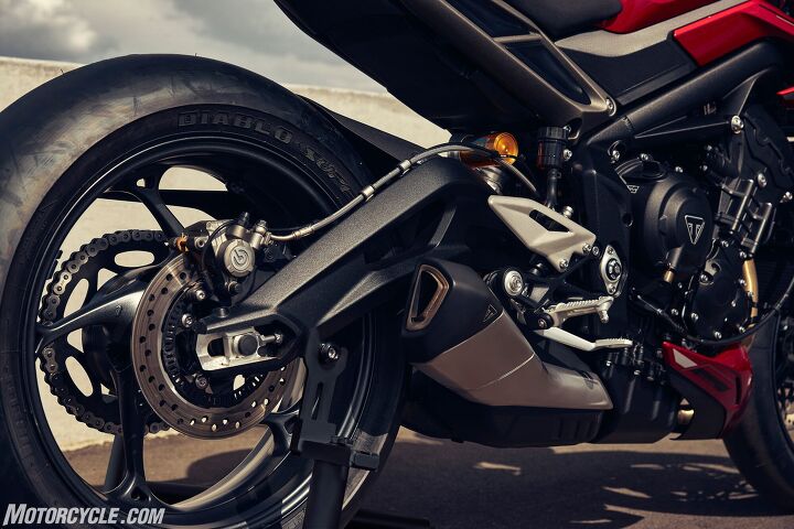 triumph announce new street triple lineup for 2023, Rear suspension geometry is higher than before giving the bike a steeper rake angle for sharper steering