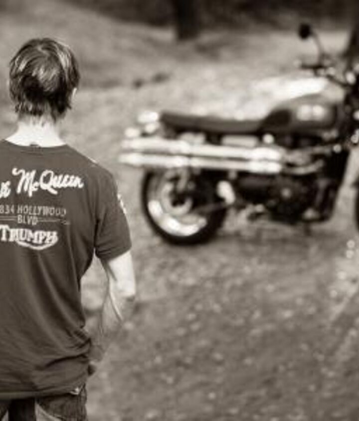 church of mo 2012 triumph scrambler review, Triumph recognizes the enduring appeal of Steve McQueen and offers a few apparel items authorized by the McQueen estate Seen here is the McQueen T a 100 cotton shirt with embroidery on back that references the address on Hollywood Boulevard on which his Walk of Fame star is located The chest has a King of Cool print while the right sleeve has a McQueen signature and his racing number 278 Like anything connected to the King of Cool a pair of his Persol sunglasses sold at auction for 70 200 it ain t cheap with a list price of 39 99