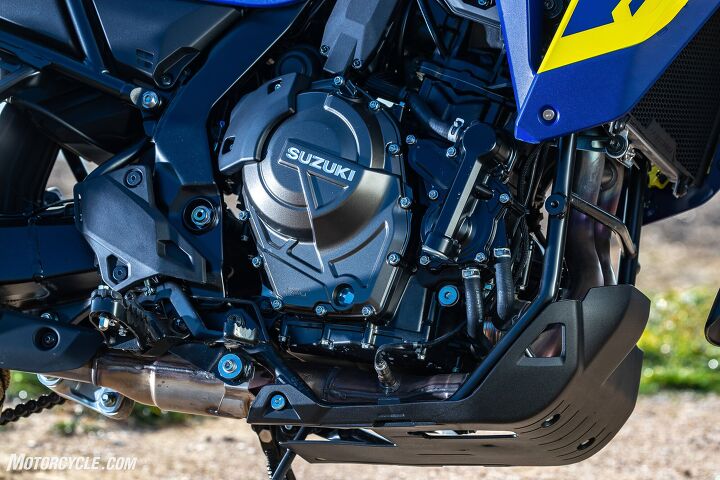 One of my biggest gripes from the Tenere 700 was how the clutch cover pushed my boot to the edge of the stock footpegs. Not the case here. The engine is entirely out of the way, and riding the V-Strom with off-road boots provides sure footing – although most of us opted to pull the rubber inserts out (two bolts) after the first trace of water made them incredibly slick.
