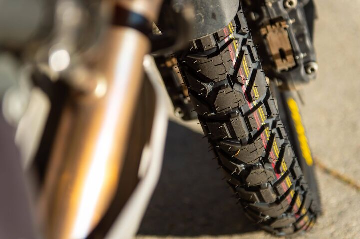 2021 middleweight adventure motorcycle shootout, To level the playing field we slapped Dunlop s new Trailmax Mission tires on all five bikes