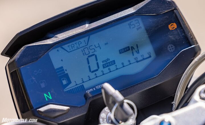 2021 lightweight naked bike shootout smackdown comparo review, Troy s exaggerating a little I saw 96 mph indicated on here on level ground but it took a run to get there At 85 mph the BMW s LCD bar tach says it s thumping 9000 rpm reasonably smoothly