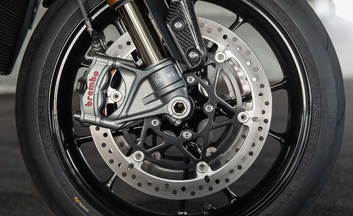 2021 heavyweight naked bike spec shootout, Brembo Stylema calipers are a popular choice in this group offered on five of the seven bikes including the Triumph Speed Triple 1200 RS