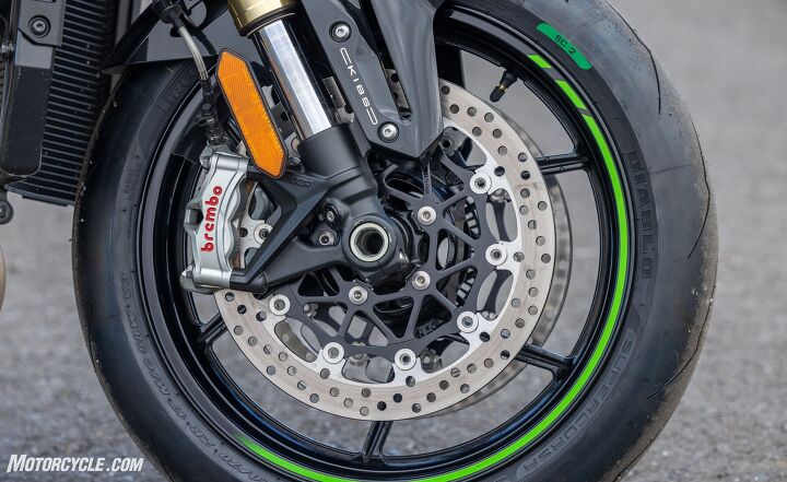 battle royale 7 way heavyweight naked bike shootout street, With massive thrust comes the need for mega braking power The Kawi s got it covered