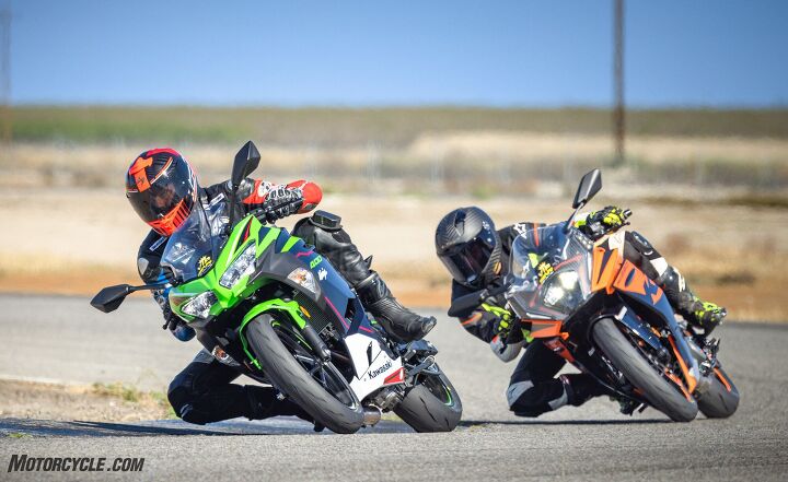 showdown 2022 kawasaki ninja 400 vs ktm rc390 at the track, Meanwhile Thriller Miller didn t even need to touch his knee down on the Kawasaki to stay in front of the KTM
