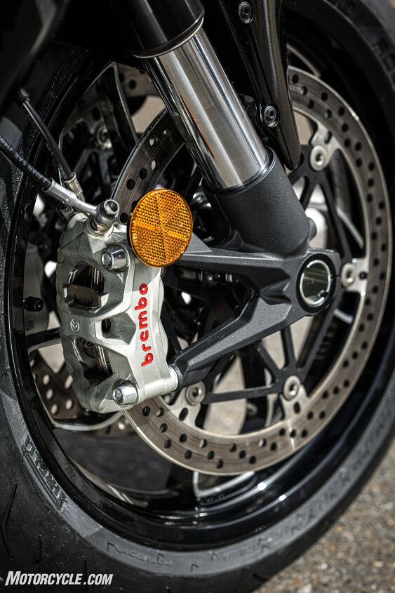 Brembo Stylemas and 330 mm discs mean you are stopping NOW!