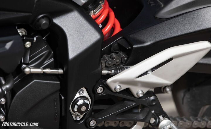 2024 triumph street triple 765 r rs review first ride, Both the R and the RS models will have a quickshifter tucked away behind their left foot guards