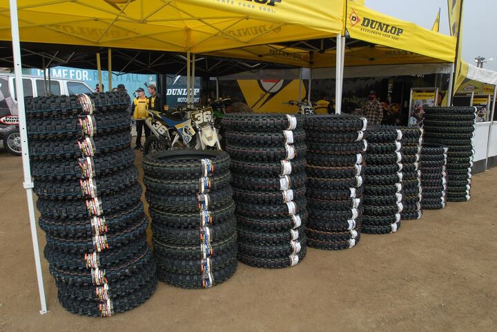 dunlop geomax mx32 and geomax mx52 review, Over 30 moto journalists made the trek to Milestone Motocross Park in Riverside California for the Dunlop Geomax MX32 MX52 tire intro Dunlop brought a mountain of brand new tires for them to sample That mountain was a mole hill by the end of the day