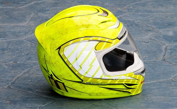 icon airmada volare review, Attention getting day or night The Hi Viz color stands out and the reflective graphics on the front sides and rear pop in headlights