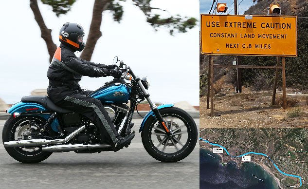 2015 harley davidson premium dyna suspension, The picture doesn t convey it but the route home from lunch through the Portugese Bend section of Palos Verdes Dr is under constant attack from geological forces The road s so F d up it would have sent the stocker I rode earlier into a tizzy but the Street Bob outfitted with the Premium suspension units performed admirably through the asphalt minefield