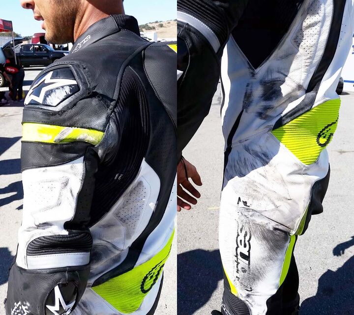 mo crash tested alpinestars gp pro leather suit review, Here you can see where most of the damage was taken Apart from some threads coming loose on the shoulder armor the leather portion of the GP Pro held up great Note the leather accordion panel and reflective piping above the elbow