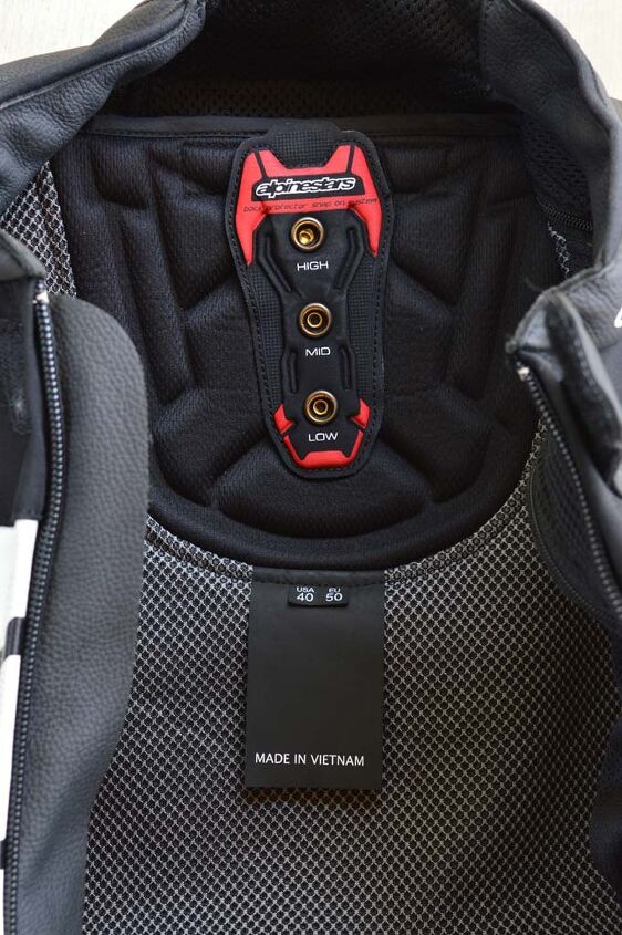 mo crash tested alpinestars gp pro leather suit review, Another nifty feature of the GP Pro is the adjustable snap positioning for the Bionic back protector Three different settings help accommodate riders of various body sizes