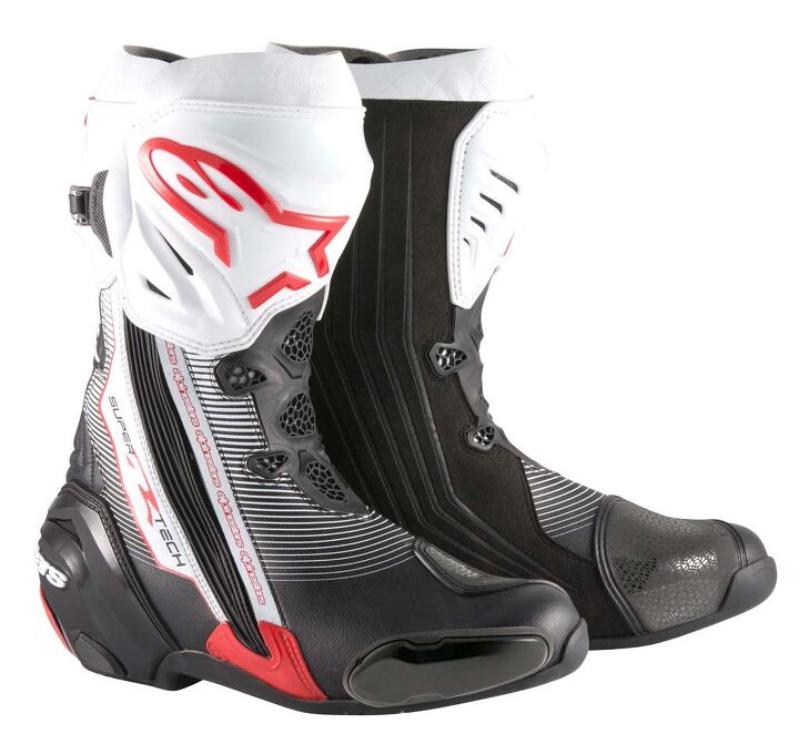 alpinestars 2016 collection preview, Innovations in the new Supertech R boots are numerous and include better flexibility improved abrasion protection a new toe slider design a newly redesigned compound rubber sole an update to the ergonomically profiled shinplate redesigned front flexibility new soft TPU stretch panels and inner booties that now incorporate 20 fiberglass into the ankle protectors Supertech R boots are CE certified to EN 13634 2010 specifications Color choices include Black Black White Black White Red pictured and Black White High vis Sizes 39 48 MSRP 499 95