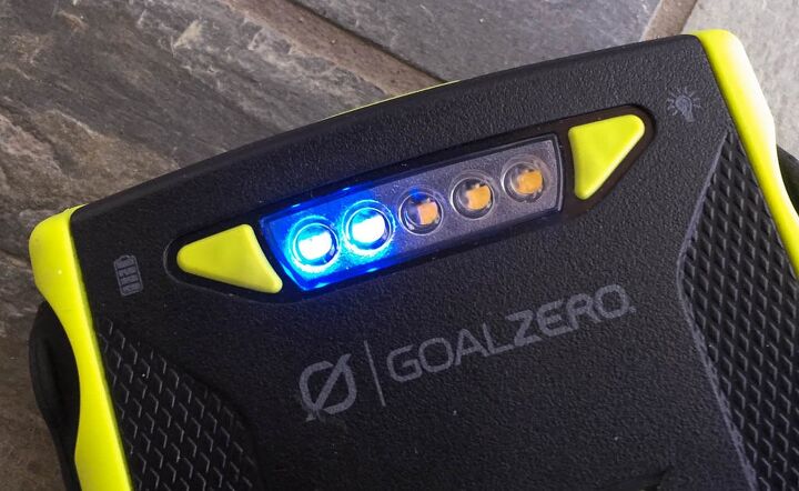 mo tested goal zero venture 30 solar recharging kit, Each of the five LEDs represents 20 charge The button on the left displays charge level activates Smart Charge testing and sets the long term storage mode while the button on the right turns on the flashlight and performs a soft reset when needed