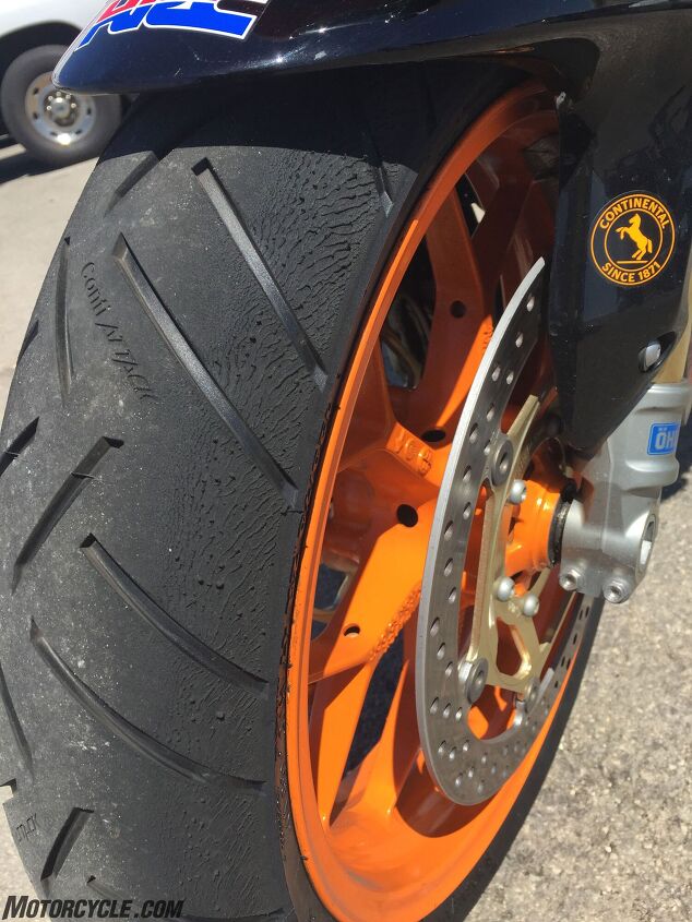 continental sport attack 3 tire review, At ze end of ze day only the literbikes like this CBR1000RR SP showed duelling scars Not bad for a street tire
