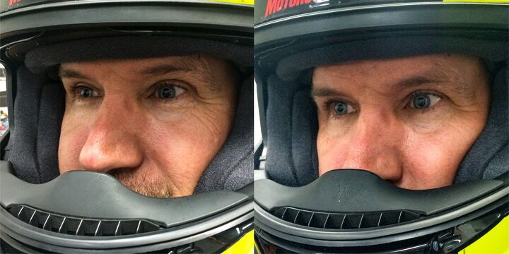 mo tested shoei personal fitting system, Before Personal Fitting System the Neotec sat too low on my head left The space above my eyes and the lower position of my nose can easily be seen on the right post PFS