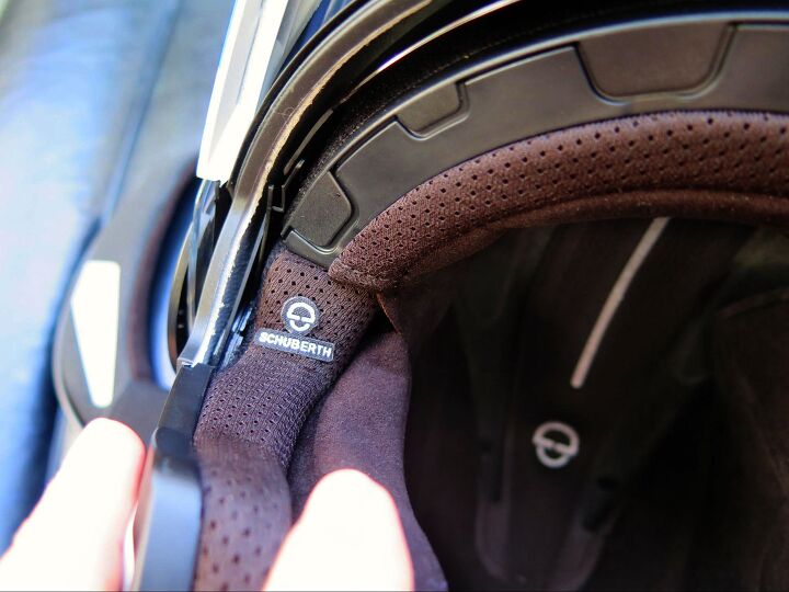 mo tested schuberth e1 modular helmet, Right about where the Schuberth logo is would be a good place to leave an indent for glasses The fully removable washable interior is made of COOLMAX and Thermocool and other high tech materials designed to keep your head cool and dry