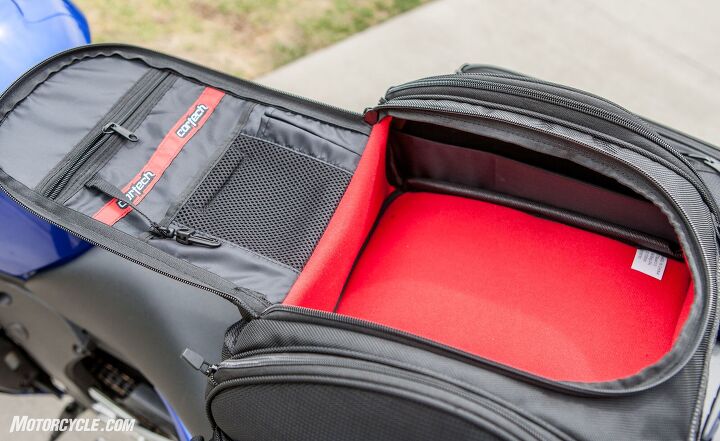 mo tested cortech super 2 0 saddlebags tail bag review, The red lining makes it much easier to find items in the bag The top flap storage is a good place to keep small items