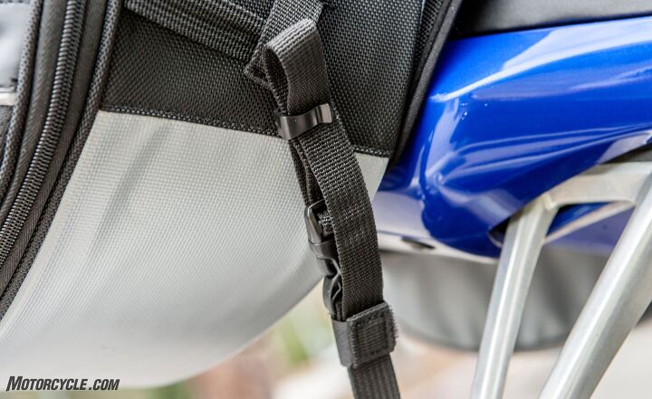 mo tested cortech super 2 0 saddlebags tail bag review, All of the tie downs have plastic clips and clever hook and loop fasteners to keep the extra strap from flapping