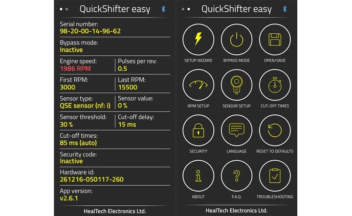 mo tested healtech quick shifter easy review update, These are the two screens you ll see the most On the left the startup screen that shows the current system status On the right where you ll select what changes you want to make