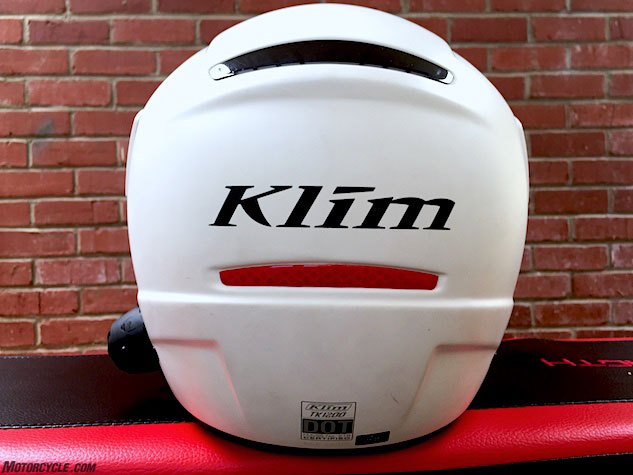 klim tk1200 karbon modular helmet review, The rear of the helmet features a reflective insert as well as reflective accents in the rear of the neck roll and in the chin curtain The TK1200 meets both DOT and ECE 22 05 safety certifications but not Snell