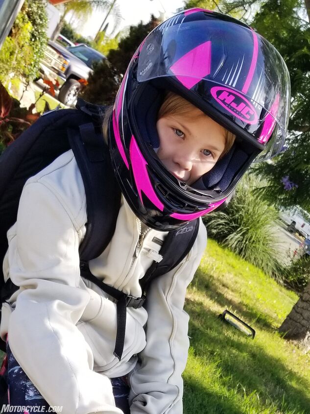 hjc cl y youth helmet review, She s not quite ready for the front seat but she s happy safe and comfortable on a motorcycle until she is