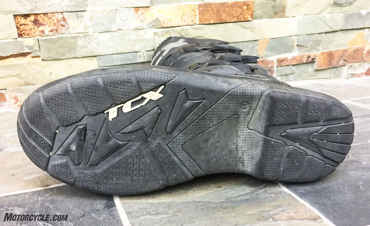 mo tested tcx baja gore tex boot review, The sole offers good grip in a variety of surfaces without unwanted catching on the aggressive pegs of adventure bikes