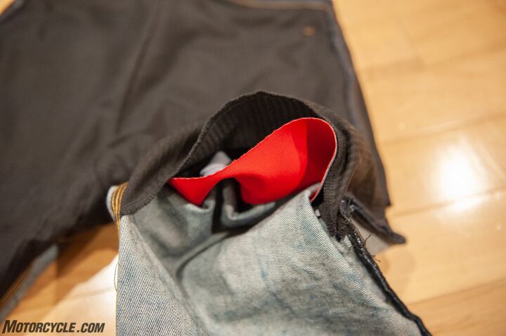 mo tested aerostich protekt jeans review, With the jeans turned inside out you can see the triple layer construction in the impact zones The middle red layer is the same waterproof breathable 500D Cordura used in the Roadcrafter suit
