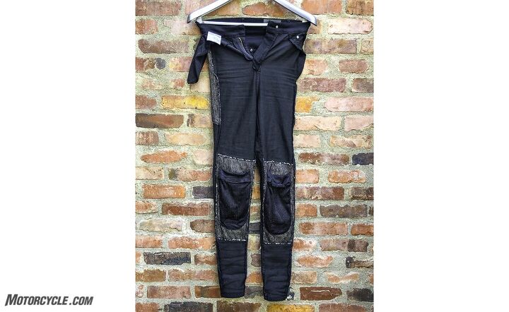women s riding gear motorcycle leggings, This inside out photo shows the large areas that are left without the abrasion protection of the Covec liner