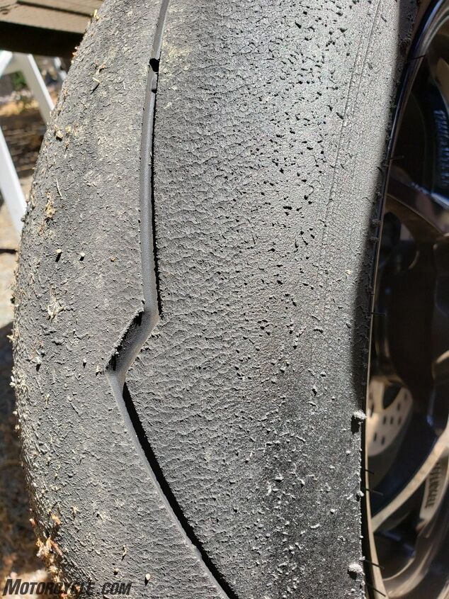 mo tested pirelli supercorsa td review, After 1 000 miles and two trackdays the TD still looks great Check out the wear indicator near the top of the tread sipe enlarge the photo to see there s still plenty of rubber left