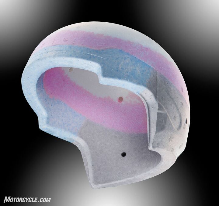 mo tested arai regent x review, The different colors of foam represent varying densities allowing the one piece liner to have its impact absorption tuned to the needs of each area of the helmet