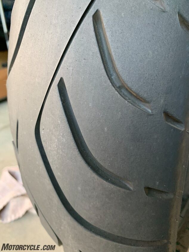 mo tested dunlop roadsmart iii long term review, The rear after 7000 plus miles You can see the tread hasn t come close to the wear bar the little ridge in the middle of the top tread sipe in this image Pretty impressive