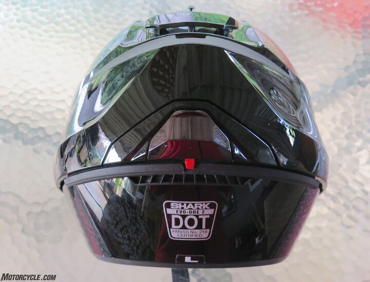 mo tested shark evo one 2 modular helmet review, The view from the rear with the chinbar stowed behind looks a bit like the stern of HMS Victory