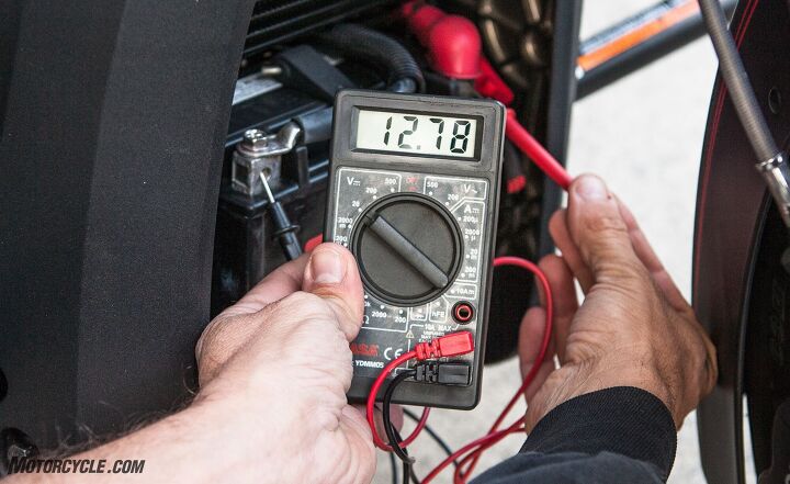 lithium motorcycle batteries myths vs realities updated, Checking the health of your charging system is as easy as checking the voltage of your battery This battery is in good shape To check the charging system just start the engine and hold the rpm steady at 2 000 rpm and measure the voltage at the battery