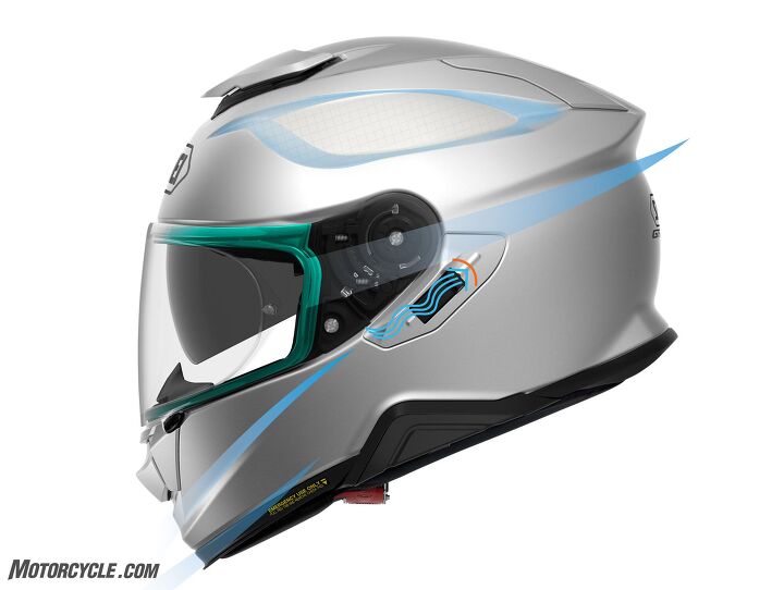 Smooth airflow around the helmet is key to noise reduction. Note how the lip at the bottom of the chin bar directs air from the helmet opening at its base. Also, the hole required for the sun visor’s actuating slider is significantly smaller, letting in less noise.