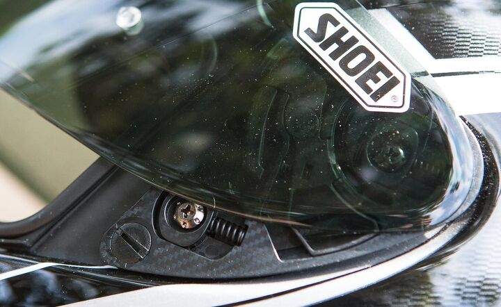 shoei rf 1200 helmet review, The helmet s ratcheting mechanism makes sure the visor stays in the selected position at speed However it sometimes makes the visor difficult to close