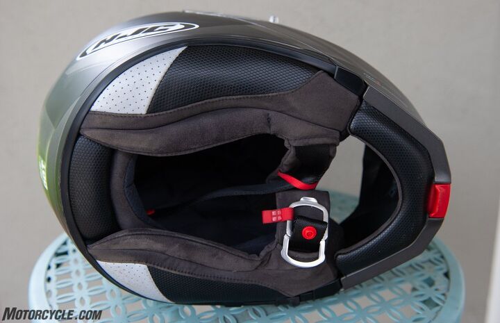 mo tested hjc rpha 90 helmet review, The neck roll is fairly substantial but the short chin curtain could be longer IMO Note also the red tab for opening the chin bar