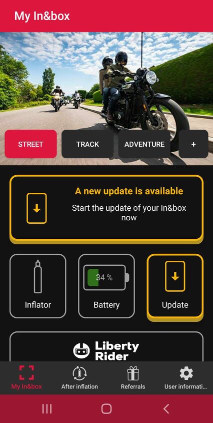 mo tested in motion airbag vest, The homescreen on the In Box app looks like this At the top you can see the different buttons for the three ride modes currently in existence However the track mode isn t available in the US yet and adventure mode charges an additional fee to access