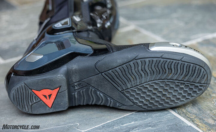 The sole is grippy on the pegs, but it does wear faster than the rest of the boot.