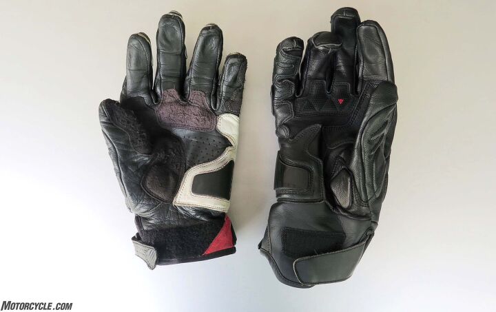 Old 4 Stroke Evo size M left still in good shape, new 4 Stroke 2 size L at right. Rough-out leather patch in palm is replaced with grippy rubber pad, outer two fingers are more precurved, and the new glove has more thermoplastic protection.