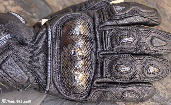 The combination of carbon armor and closed-cell foam padding should protect your knuckles from any hard whacks on the pavement. Their placement and the precurved construction of the gloves mean that finger motion on the controls is not limited.