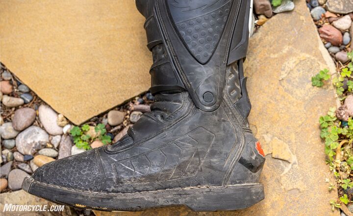 Each X-Power boot weighs in at 4 lb. 5.2 oz., which is slightly lighter than Sidi’s Crossfire 3 off-road boot. Note the single piece of plastic that comes from the ankle hinge and wraps around the toe box. The heel cup is a separate unit.