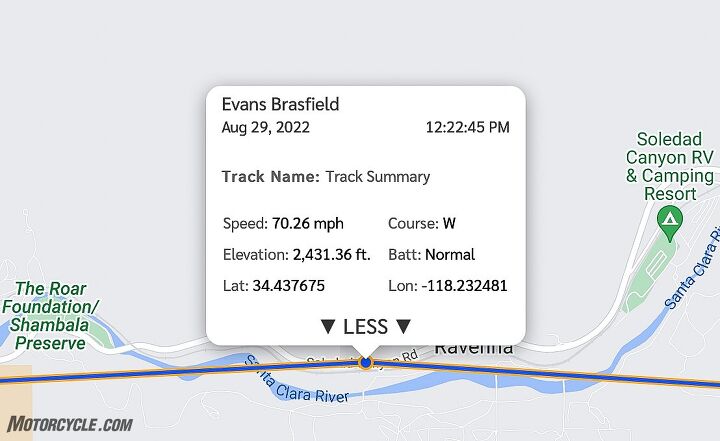Clicking on one of the blue dots will give the date/time, track name, speed, direction traveling, elevation, battery level, and latitude/longitude.