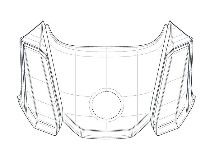 new can am spyder design revealed in patent filings, The patents don t specify which element of the design this part is for but the curve at the top looks like it would fit right under the seat The dotted circle is an obvious fit for BRP s round logo while the shapes to either side look like rear lighting
