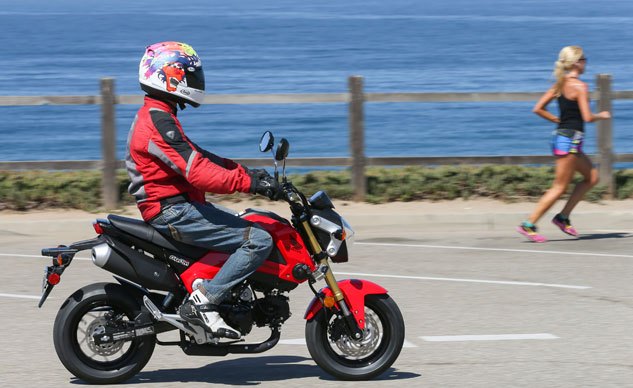 2014 honda grom review video, If you look closely you ll see the Grom has passenger pegs Admittedly a tight fit two up riding is possible should you need to give attractive joggers a ride