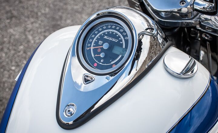2014 triumph thunderbird commander and thunderbird lt first ride review, Instrumentation is clean and efficient though it lacks a tachometer A button on the right handlebar cycles through the clock odometer trip meters and miles to empty
