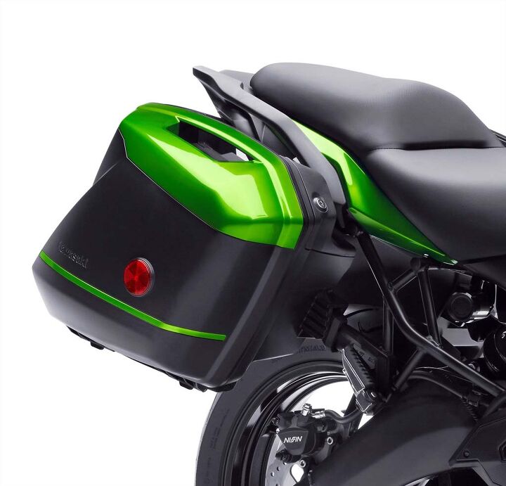 2015 kawasaki versys 650 abs lt first ride review video, Kawasaki is getting its design money s worth out of these Ninja 1000 KQR bags which are now showing up on several of their models They look just as good on this green Versys 650 LT as they do on our white test bike