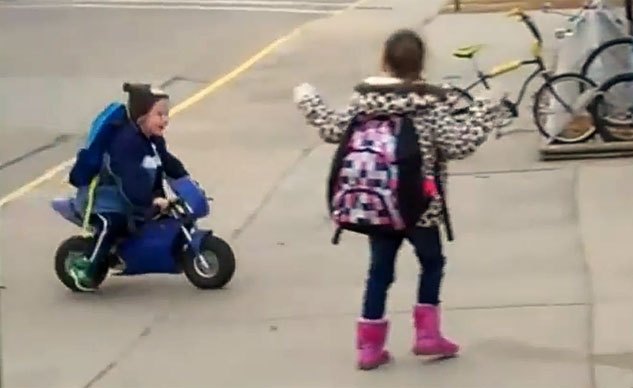 weekend awesome kid rides a pocket bike to kindergarten
