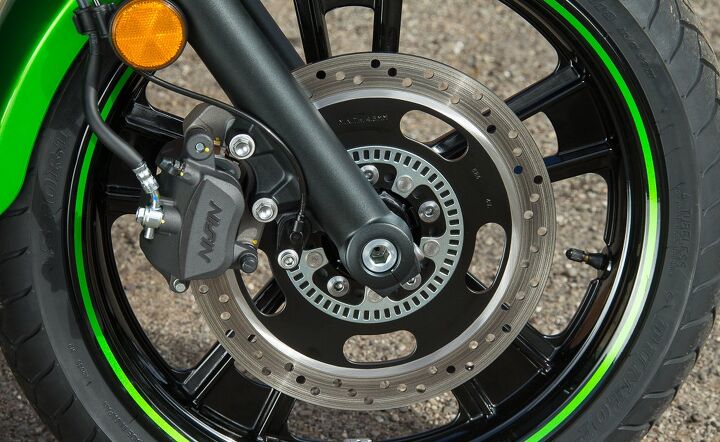 2015 kawasaki vulcan s abs first ride review video, The two piston calipers deliver good stopping power from the 300mm front brake ABS is a 400 option which is well spent lessening the consequences of overusing the brakes while learning proper technique