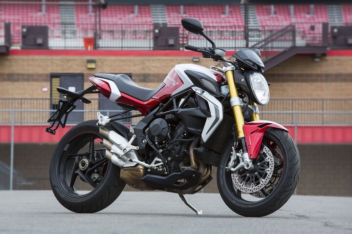 2015 mv agusta brutale 800 rr quick ride video, You ll know you re looking at a Brutale 800 RR from its gold anodized fork and star shaped five spoke wheels The RR also receives the exhaust system from the F3 800 fully faired sportbike a black engine and red valve cover